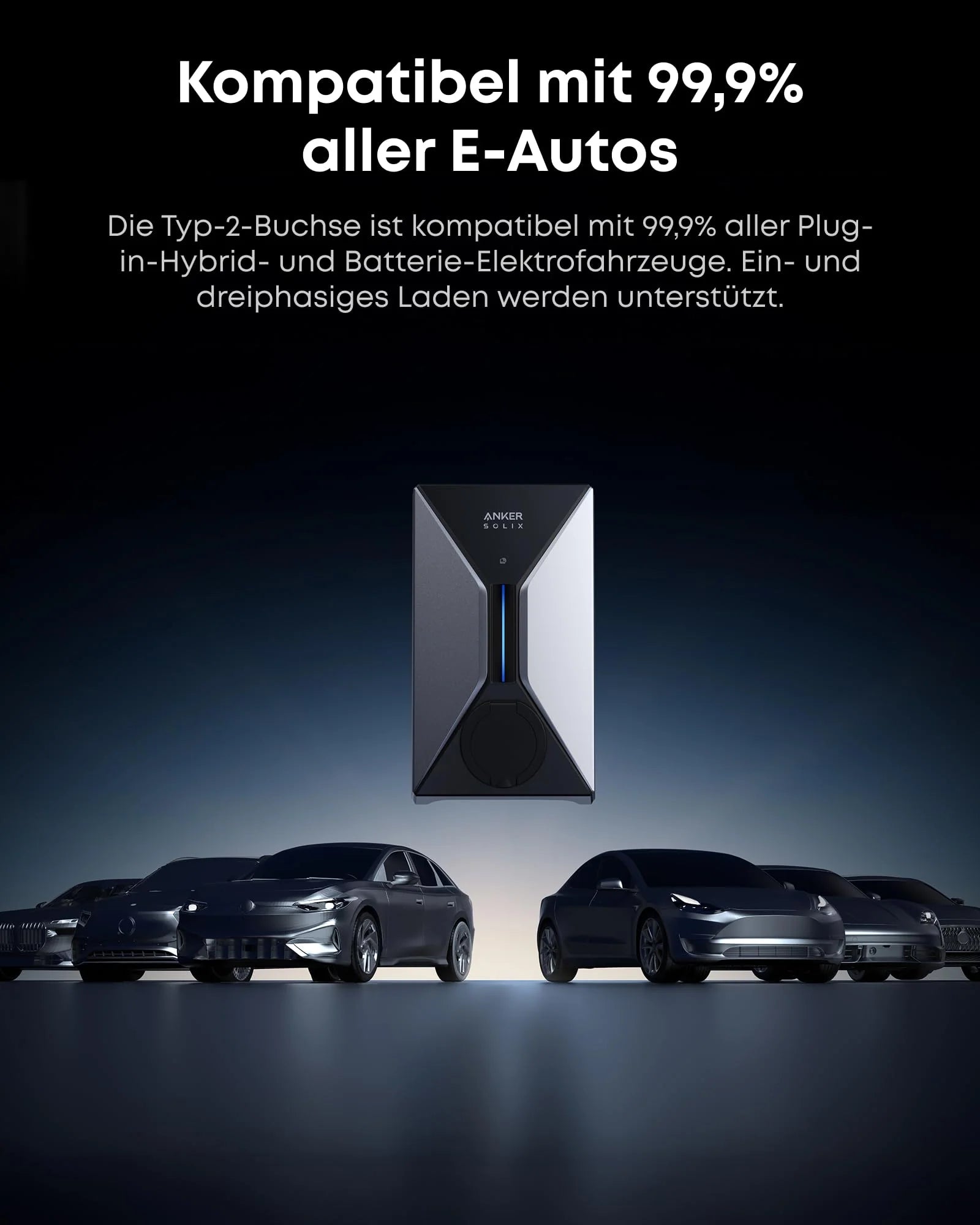 Anker SOLIX V1 Smart Wallbox für E-Autos mit 7,4 kW Leistung, einschließlich Ladekabel und Controllermodul.