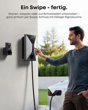 Anker SOLIX V1 Smart Wallbox für E-Autos mit einem Nutzer, der das Laden startet, einfach per Swipe.