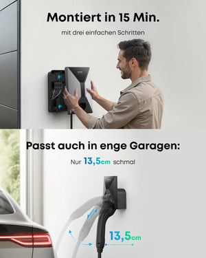 Anker SOLIX V1 Smart Wallbox für E-Autos, einfach montierbar in 15 Minuten, ideal für enge Garagen.