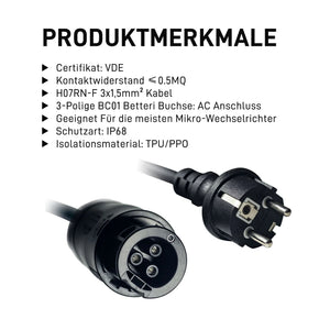 ALLDREI AC Kabel mit Betteri BC01 Buchse Produktmerkmale: VDE zertifiziert, IP68 Schutzart, geeignet für Mikro-Wechselrichter.