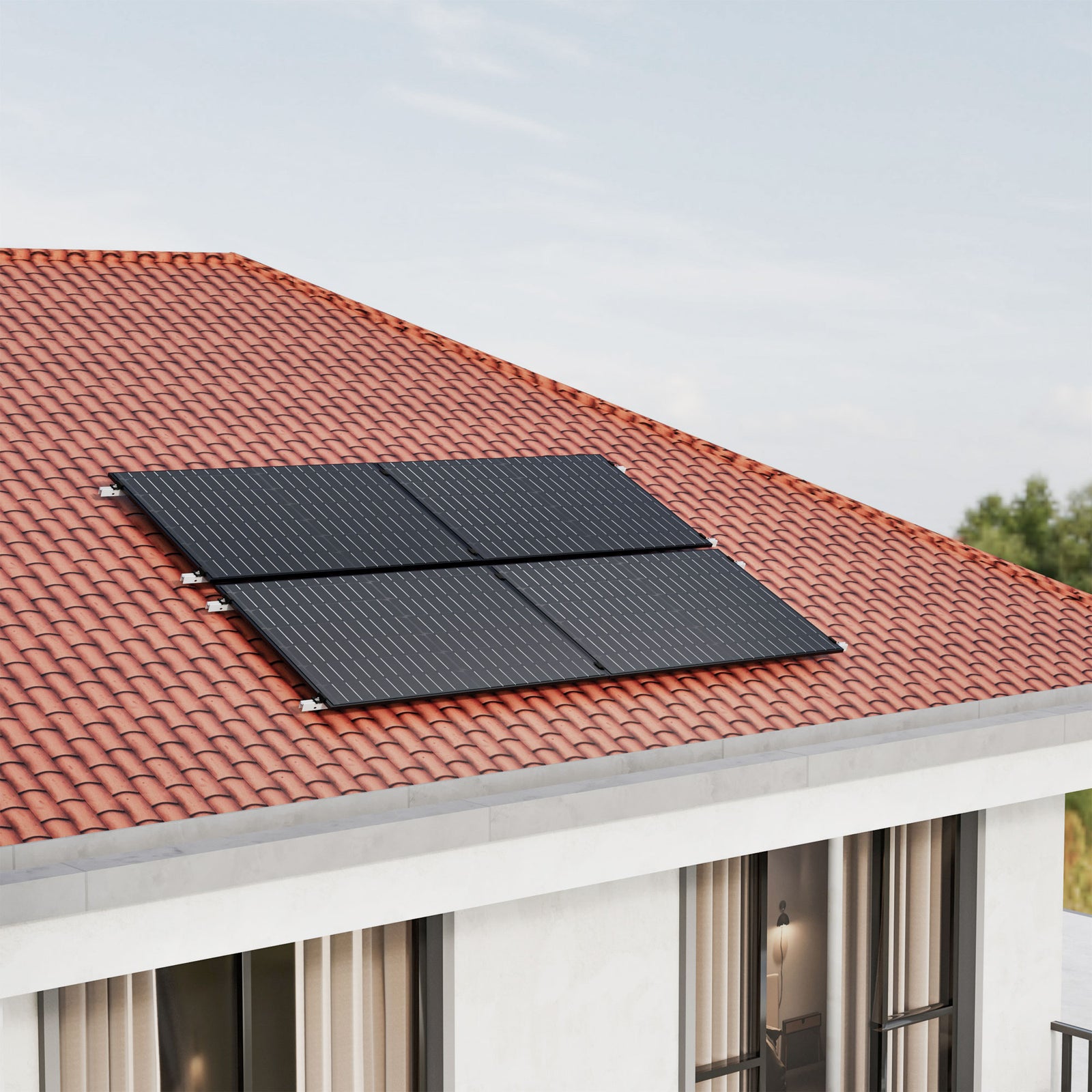 ALLDREI 880W Balkonkraftwerk mit Schrägdach Halterung installed on a tiled roof.