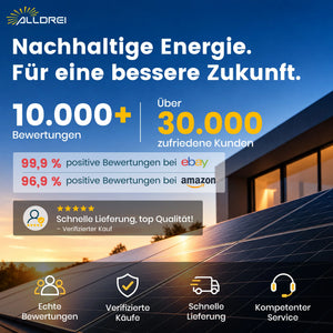 ALLDREI Infografik: Nachhaltige Energie für eine bessere Zukunft. 10.000+ Bewertungen, über 30.000 zufriedene Kunden, 99,9 % positive Bewertungen bei eBay und 96,9 % bei Amazon. Schnelle Lieferung, top Qualität und kompetenter Service.