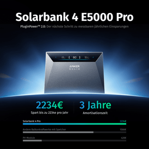 Anker SOLIX Solarbank 4 E5000 Pro zeigt jährliche Einsparungen und Amortisationszeit für Balkonkraftwerk.