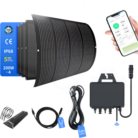 ALLDREI 800W Balkonkraftwerk Set - 4 x 200 W Flexible Module - WLAN-Wechselrichter with components and smartphone control.