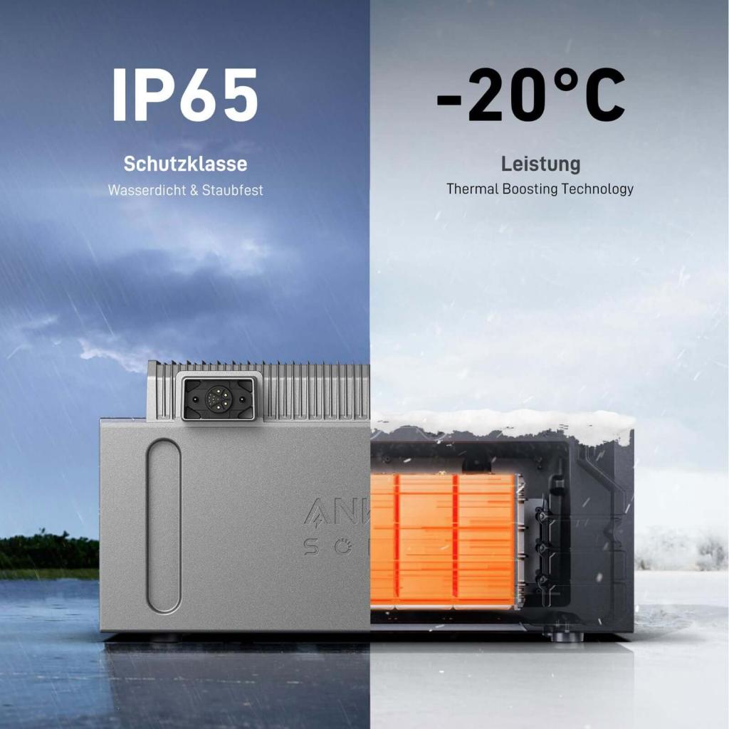 Wetterfester Anker SOLIX BP1600 Erweiterungsakku: IP65 wasserdicht und winterfest bis -20°C dank Thermal Boosting Technologie