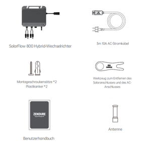 Zendure SolarFlow 800W Hybrid-Mikrowechselrichter mit Zubehör und Benutzerhandbuch